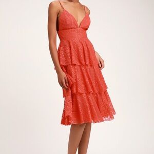Elegant Coral Lace Tiered Dress